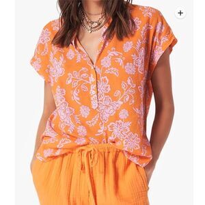 Xirena Cotton Button Down Short Sleeve Sun Bright Floral Top